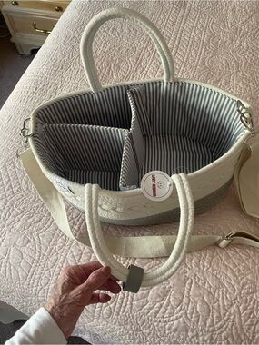 Striped-Lined Cream and Gray Canvas Tote Bag with Removable Strap